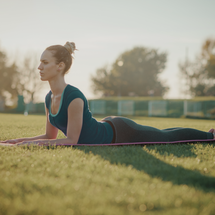A female in yoga leggings and a blue athletic top lies on stomach with parallel forearms in front of her for Sphinx pose.  